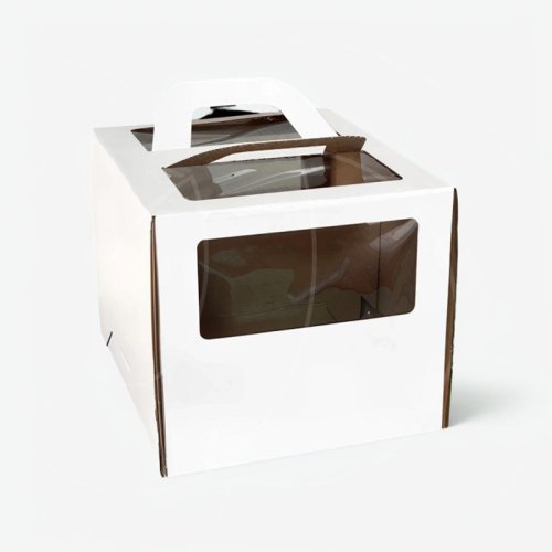 Коробка для торта с маленьким окном и ручкой белая 22х22х20 см 22220