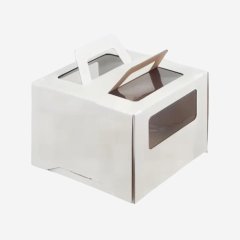 Коробка для торта с окном 7,5 см и ручкой белая 26х26х20 см 