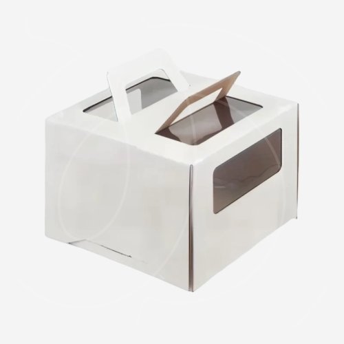 Коробка для торта с маленьким окном и ручкой белая 28х28х20 см 